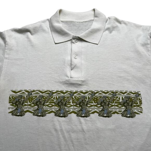 Vintage Hawaiian Fishermen Graphic Polo Shirt Gray Short Sleeve Sz M / L  Tribal - Picture 2 of 10